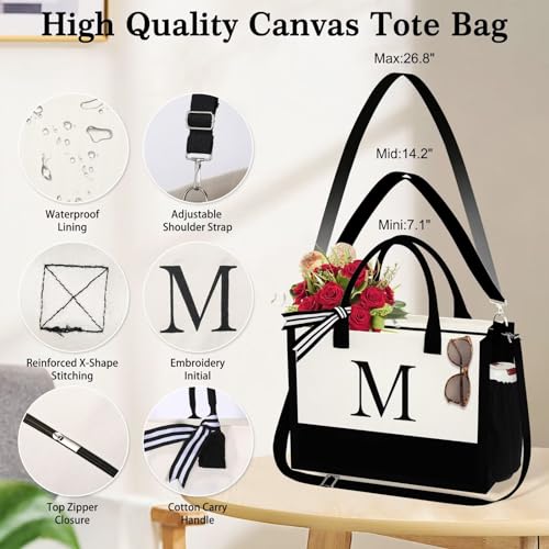YOOLIFE Gifts for Women - Initial Canvas Tote Bag & Makeup Bag, Birthday Gifts for Women Mom Sister Friends - style: I