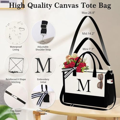 YOOLIFE Gifts for Women - Initial Canvas Tote Bag & Makeup Bag, Birthday Gifts for Women Mom Sister Friends - style: I