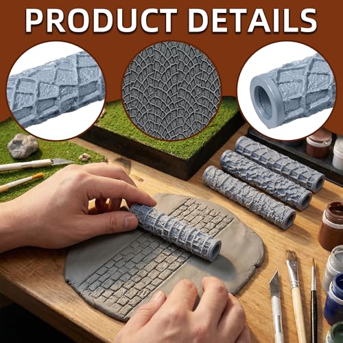 Warmtree 4 Pcs RPG Terrain Texture Roller Set Polymer Clay Texture Roller | DND Terrain Sets Texture Roller for DIY Modeling Scenic Terrain Wall Road Model Miniatures Landscape