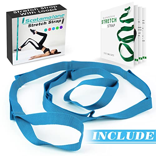 Scotamalone Stretching Strap Yoga Strap Physical Therapy for Home Workout, Exercise, Pilates and Gymnastics, 10 Loops Non-Elastic Stretch Bands with Aesthetic Packaging for Women & Men - color: Blue