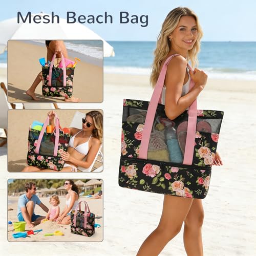 Mesh Tote Beach Bag with Leakproof Wet Compartment - color: Rose