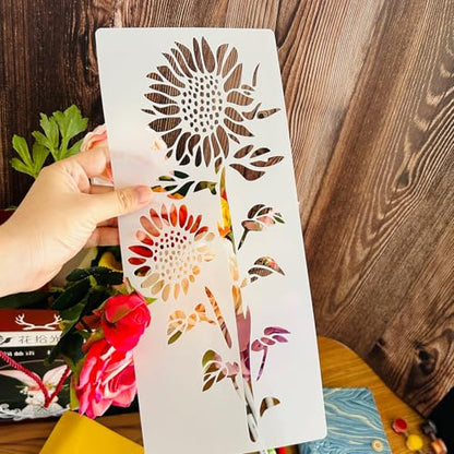 Flower Stencils for Painting, 6 Pcs 12 x 6 Inch for Wood Signs Canvas | Reusable & Easy to Clean, Botanical Patterns, Large Pattern Layouts, Painted Boards, Furniture Panels, Beginner Friendly - color: Large Flower