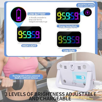 Pomodoro Timer Fitness Timer, Kitchen LED Digital Timer Rechargeable, RGB Count Down Up, Digital Timer with Vioce Reminder for Kitchen Classroom Cooking Study
