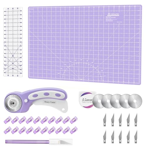 Rotary Cutter Set Purple - Quilting Kit incl. 45mm Fabric Cutter, 5 Replacement Blades, A2 Cutting Mat, Acrylic Quilting Ruler, Sewing Clips, Craft Knife Set, Ideal for Crafting, Sewing, Patchworking - color: Purple, size: A2 Rotary Cutter Set