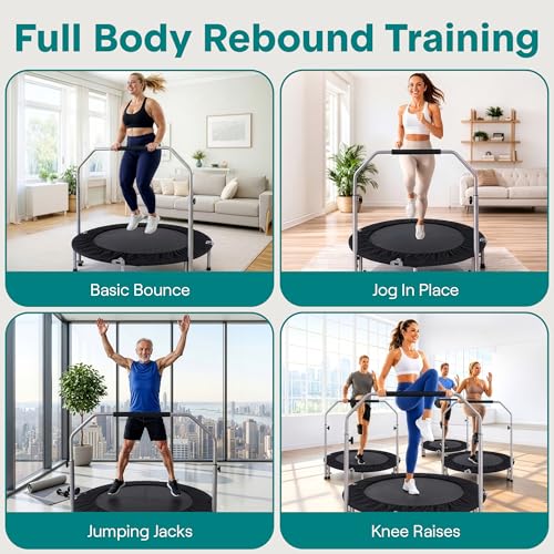 SereneLife 40" Foldable Mini Trampoline for Adults - Compact Fitness Rebounder with Adjustable Foam Handle, Exercise Trampoline with Max Load 330lbs, Indoor/Garden Whole-Body Workout - color: Deep Black