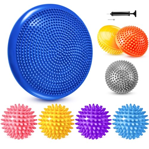 8 Pcs Balance Disc Set with Hand Pump, Wobble Cushion, 3 Balance Pods & 4 Spiky Massage Balls, for Sensory child, Balancing Training, Physical Recovery, Exercise, Adults, Dogs - color: Vivid Colors