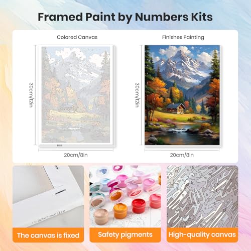 HEIBAGO Framed Paint by Numbers Kit Landscape for Adults, Paint by Numbers for Adults Beginner,Adult Paint by Number Kits Mountain Hut on Canvas,DIY Painting by Numbers for Gift Home Wall Decor 8x12In - color: Mountain Hut