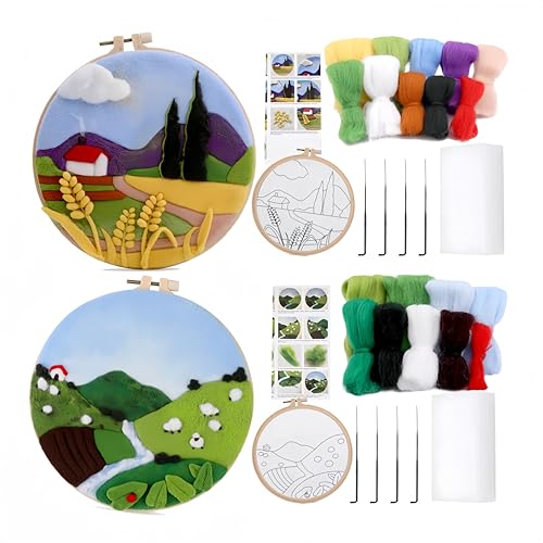 Wonafa DIY Wool Needle Felt Starter Kit, Beginner Needle Felt Kit with Wool Felt Bag, Felts Needles, Photo Frame, Foam Mat, Felts Cloth and Instructions for Home Decor, Art Crafts (Idyllic Scenery) - color: Idyllic Scenery