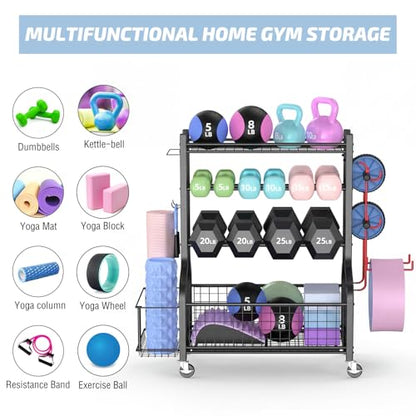PLKOW Dumbbell Rack, Weight Rack for Dumbbells, Home Gym Storage for Dumbbells Kettlebells Yoga Mat and Balls, All in One Workout Storage with Wheels and Hooks, Powder Coated Finish Steel