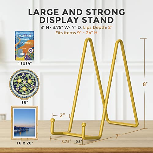 TR-LIFE 8 Inch Large Plate Stands for Display - Metal Plate Holder Display Stand + Frame Holder Stand for Picture, Decorative Plate, Platter, Plaques, Book, Photo Easel Tabletop (Gold 2 Pack) - size: 8 Inch