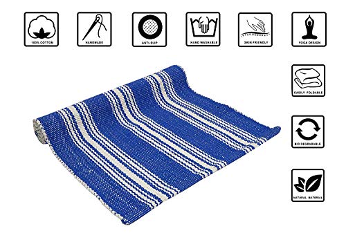 Hand Woven 100% Cotton Yoga Mat- Thick Handloom Made in India- for Gym Floor Exercise - Runner for Bedroom - color: Blue