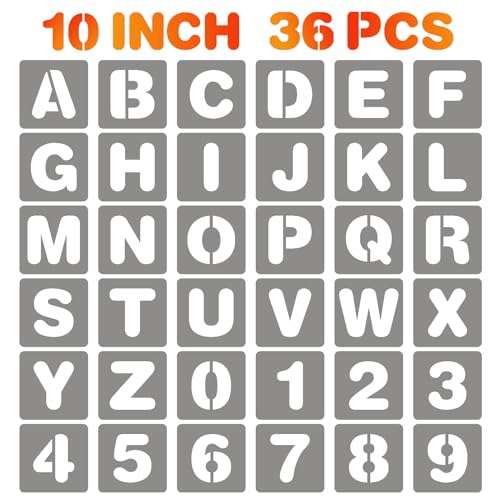 BAMIDELE 10 Inch Letter and Number Stencils, 36 Pcs Reusable Plastic Alphabet Spray Paint Stencils for Painting on Wood, Wall, Fabric, Rock, Chalkboard, Door Porch, Signage, DIY Craft Decoration - size: 10 Inch