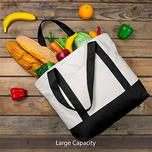 TOPDesign 1 | 3 | 6 | 30 Pack Canvas Tote Bag with an External Pocket, Reusable Grocery Shopping Bag, Top Zipper Closure, Daily Essentials (Black/Natural Pack of 1) - color: Black/Natural