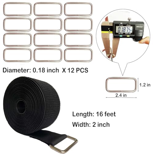 Wide 2" ×16 Ft Long Hook and Loop Cable Straps with 12 Heavy Metal Buckles, Adjustable Nylon Tie Down Straps,Free Cut Length and Width, Reusable, Black
