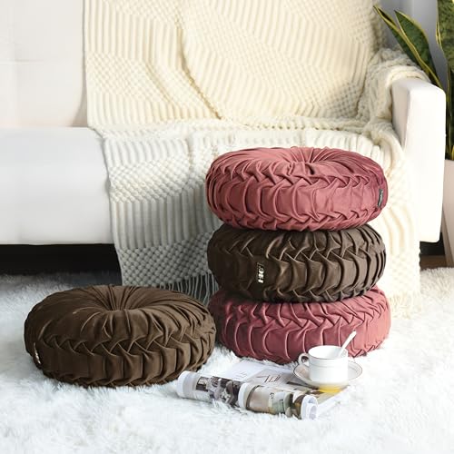 HIG Set of 2 Chocolate Velvet Decorative Round Pleated Throw Pillows - color: Chocolate