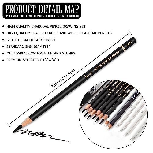 Brusarth Charcoal Drawing Set, 12 pcs Black charcoal pencils | White Charcoal Pencils, Eraser Pencils, Blending Stumps for Drawing, Sketching, Shading, Artist Pencils for Beginners - color: Black
