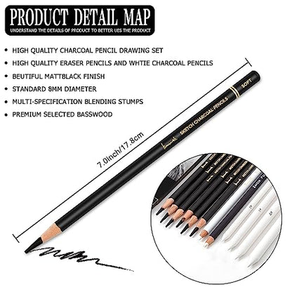 Brusarth Charcoal Drawing Set, 12 pcs Black charcoal pencils | White Charcoal Pencils, Eraser Pencils, Blending Stumps for Drawing, Sketching, Shading, Artist Pencils for Beginners - color: Black