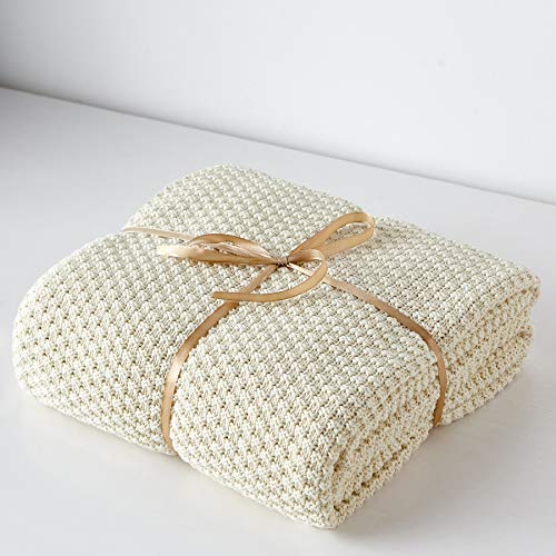 Longhui bedding 100% 면 니트 담요 - 크림, 부드럽고 아늑함, 세탁기 사용 가능, 152.4cm x 203.2cm(60 x 80인치) - 거실, 소파, 침대 또는 여행에 적합 - color: 크림, size: 60" x 80", Oversized