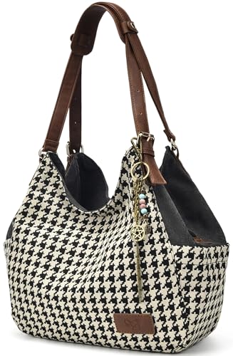 Worldlyda Women Canvas Hobo Purse Multi Pocket Tote Shopper Shoulder Bag Casual Top Handle handbag with Embroidery Ethnic - color: Be06black-houndstooth