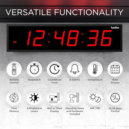 Ivation Oversized Digital Wall Clock with Large LED Display & Timer, 60" | Multi-function with Timer, Stopwatch, Alarms, Temp & Date, Aluminum frame, 6 Brightness levels, Time memory, Remote | Red - color: Red, size: 60" Inch