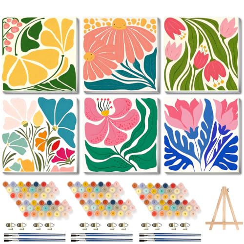 Canrichshop 6P Flowers Paint by Numbers Kit for Adults & Kids Ages 4+ Framed-with Wooden Easel,Easy DIY Flower Oil Painting on Canvas,Acrylic Paint by Number Beginner with Frame for Decor 8x8inch - color: BKH2439~BKH2444
