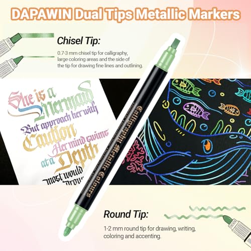 DAPAWIN Metallic Markers pens, 12 Dual Tip Metallic Paint Markers for Black Paper, Card Making, DIY Photo Albums, Scrapbooking Crafts, Rock Painting, Glass, Wood, Ceramic