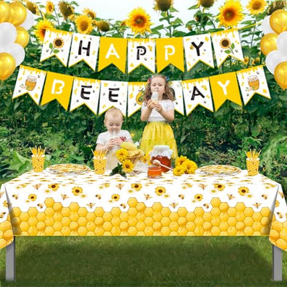 1Pc Bees Party Plastic Tablecloth 54 x 87 Inch Long Table Cover, Honey Sunflower Honeycomb Daisy Party Tablecover for Bee Kids Baby Shower Birthday Dinner Picnic Kitchen Event - color: Bees