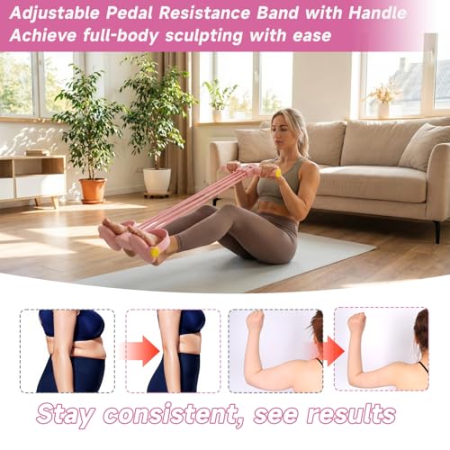 Pedal Resistance Band with Handles, Adjustable 6-Tube Detachable Workout Band, Thai Natural Rubber Tension Rope for Abs Arms Waist Legs, Home Fitness Equipment - color: pink