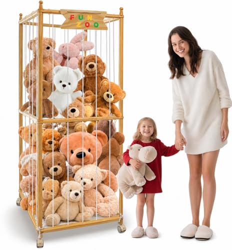 Large Stuffed Animal Storage with Wheels, 66IN Wood Plush Toy Storage 550L, Kids Plushies Storage with Thicker Elastic Band, Stuffed Animal Organizer for Playroom, Bedroom, Nursery