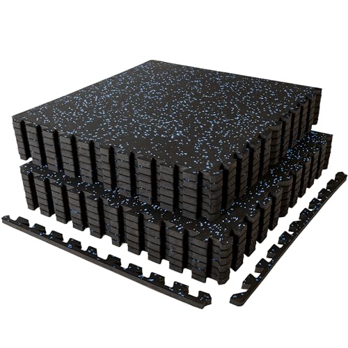 SUPERJARE 1" Extra-Thick Rubber Top Exercise Mat, Gym Flooring for Home Gym | Puzzle Gym Mat for Workout Equipment, Interlocking Floor Tiles with EVA Foam, 12 Pcs 48 Sq Ft, Black/Blue - size: 12 Tiles (48 Sq Ft)