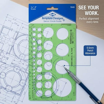 Alvin, TD435, Senior Circle Guide Template, Drawing and Drafting Tool - 42 Circles, 5 x 8 x .030 Inches - style: Senior Circle