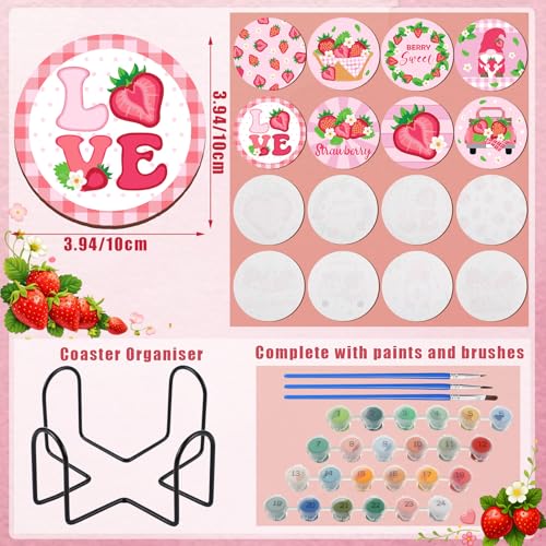 Reallnaive 8 Pcs Strawberry Paint by Numbers Kit for Adults Wooden Coasters | Mini Paint by Numbers, Tiny Pink Gnome Round Oil Painting Drink Coaster with Holder, for Small DIY Craft Birthday Gift - style: Strawberry