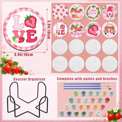 Reallnaive 8 Pcs Strawberry Paint by Numbers Kit for Adults Wooden Coasters | Mini Paint by Numbers, Tiny Pink Gnome Round Oil Painting Drink Coaster with Holder, for Small DIY Craft Birthday Gift - style: Strawberry