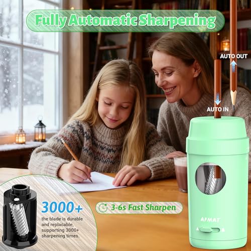 AFMAT Electric Pencil Sharpener, Auto in & Out, Fully Automatic Pencil Sharpener for Colored Pencils, Rechargeable Hands-Free Sharpeners for φ7-8mm Pencils, Good for Classroom/Home PSX8(Light Green) - color: Light Green