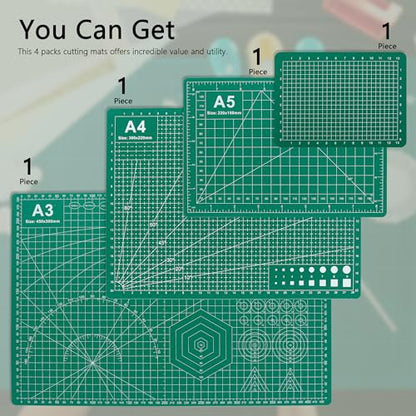 4Pcs 5-Layer Double Sided Cutting Mat Anti-Slip Rotary Cutting Board | 4 sizes(A3/A4/A5/A6) dual-scale(cm/inch) 45°/60° angle guides non-slip base high-density PVC green low-glare for fabric craft