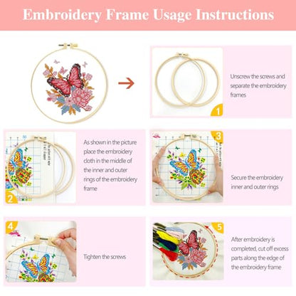 Zhenqing 4 Butterfly Floral Cross Stitch Kit, 11CT Printed Fabric with Hoop | 4 butterfly floral designs with 11CT printed fabric, floss, one hoop, tools and English guides. - color: 4 Butterfly Kit