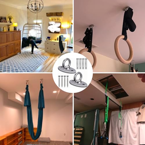 SELEWARE Ceiling Mount Stainless Steel Swing Hanger Wall Ceiling Anchor | Ceiling Hooks for Suspension Straps Aerial Yoga Swing Hammock Chair Resistance Band Gymnastic Ring Battle Rope Heavy Bag - color: Ceiling Mount (2 Pack)