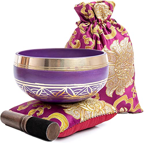 Tibetan Singing Bowl Set - Authentic Handcrafted Mindfulness Meditation Holistic Sound 7 Chakra Healing Gift by Himalayan Bazaar (Purple-Magenta) - color: Magenta Purple