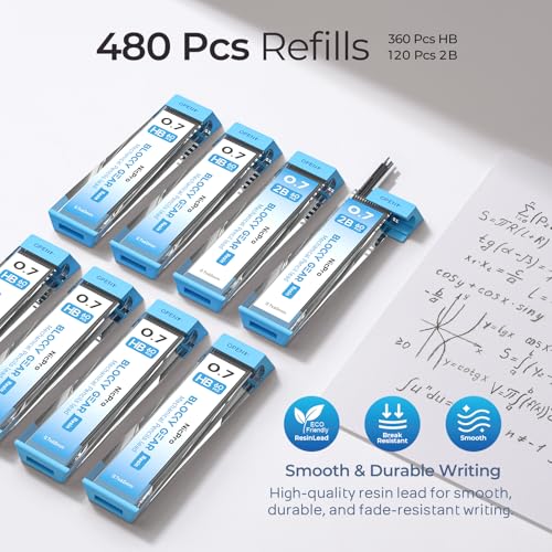 Nicpro Blocky Gear Mechanical Pencils 0.7 mm with Case, 3 Pack | Drafting Pencil with 8 Tube (480PCS) Lead Refills(HB 2B), 4 Erasers, 18 Eraser Refills for Art Writing, Sketching Drawing - style: 0.7mm