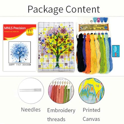 Zhenqing Blue Tree of Life Stamped Cross Stitch Kit for Beginners, 11CT Printed 11.8 x 11.8 Inch Winter Snowflake Happiness Tree Pattern with Embroidery Floss, 2 Needles and English Instructions - color: Blue Winter Tree of Life