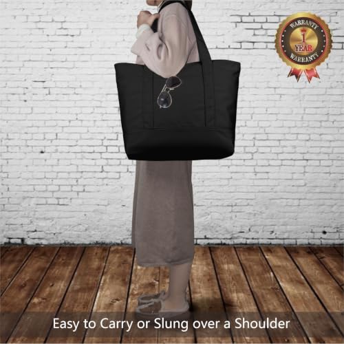 TOPDesign 1-Pack Canvas Tote Bag with an External Pocket, Reusable Grocery Shopping Bag, Top Zipper Closure, Daily Essentials (Black) - color: Black