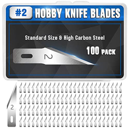 DIYSELF 100 Pack Hobby Knife Blades #2, Carbon Steel Replacement Blades | Carbon steel hobby knife blade refills and craft precision knife blades for detailed cutting - style: #2