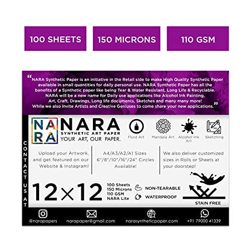 NARA Alcohol Ink Paper | White | 12 inches x 12 inches (12”x12”) | 150 microns/110 GSM | Medium Paper | 100 Sheets | Paper for Alcohol Ink Art Painting | 100% Stain-Free - color: White_Square_Paper Sheets_02