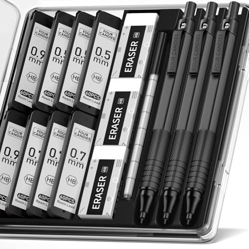 Four Candies Metal Mechanical Pencil Set, 3PCS, 0.5 & 0.7 & 0.9mm, Black | 480PCS HB Lead Refills, 3 Erasers, 9 Eraser Refills, Anti Grip, for Engineering, Writing, Technical Drawing, Art Projects - color: Black, style: 0.5mm+0.7mm+0.9mm