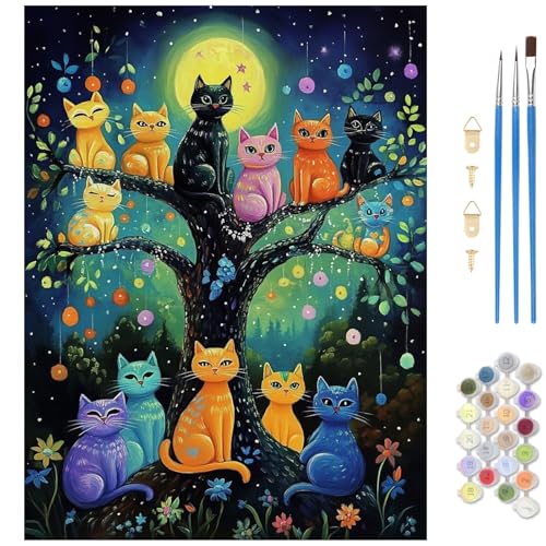 MAXBYE Cute Cats Paint by Numbers Kit for Adults, Kids' Paint By Number Kits, Animal Paint by Numbers Kits for Beginner, DIY Acrylic Color by Number on Canvas for Home Wall Decor Gift 12X16 in - color: Colorful cat on tree