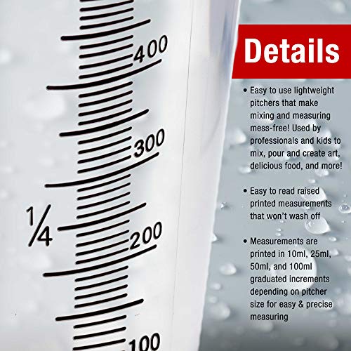 TCP Global 1/2 Liter (500ml) Plastic Graduated Measuring and Mixing Pitcher (Pack of 6) - Holds Over 1 Pint (16oz) - Pouring Cups, Measure & Mix Paint, Resin, Epoxy, Kitchen Cooking Baking Ingredients - size: 500ml