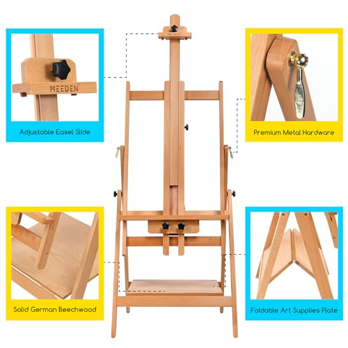 MEEDEN Large Studio Artist Easel, Adjustable Studio Painting Easel, Solid Beechwood H Frame Easel, Display Art Easel for Watercolor, Acrylic, Oil Painting, Adjusts to Max 88", Hold Canvas Up to 59"