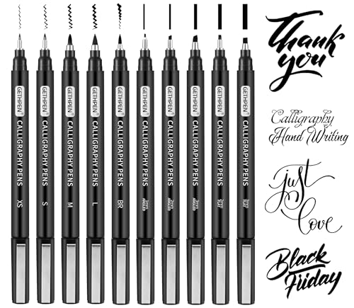 GETHPEN Calligraphy Brush Pen Set,10 Sizes Black Archival Ink Markers | Calligraphy Pens for Beginners, Black Archival Ink, 10 Sizes Calligraphy Markers, Writing, Drawing, Sketching, Scrapbooking