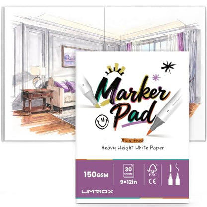 Umriox 30 Sheets Marker Paper Pad, 9x12 Bleedproof Sketchbook for Beginners | 150 GSM Smooth Bleed-Resistant Paper, Easy Blending for Beginners, Perfect for Kids & Teens, Great Back-to-School Art Gift - size: 30 Sheets/60 Pages