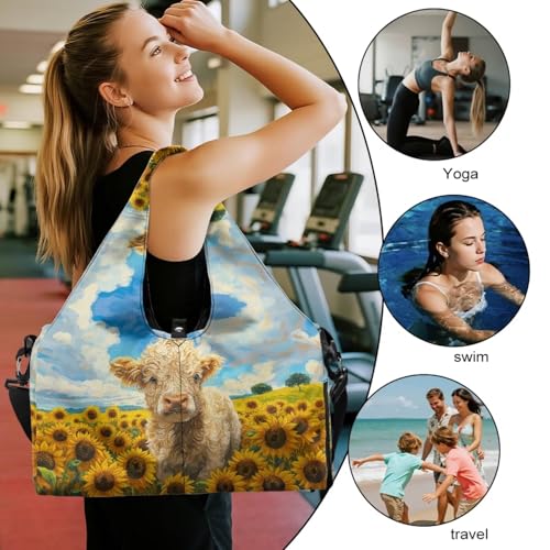 Yoga Mat Bag for Men Women Canvas Yoga Mat Carrier Take In Out Mat Easily for Beach Swim Bags Pool Sports Gym - color: Highland Cattle yellow